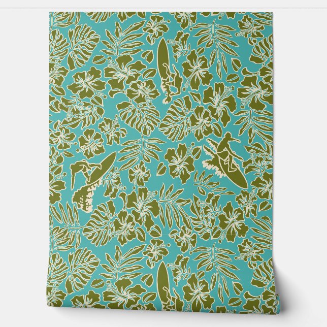 Papel Pintado Surf Pareau Hawaiian Hibiscus Surfing Turq (Desenrollar)