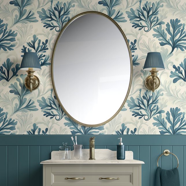 Papel Pintado Susurros de ferrina de mar - Verde azulado, blanco (Ocean Breeze Foliage Peel and Stick Wallpaper)