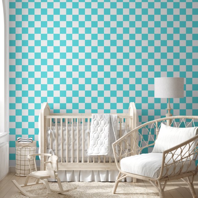 Papel Pintado Tablero de ajedrez azul turquesa clásico visual (Niños)
