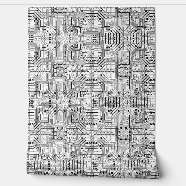 Papel Pintado Tableros de circuitos en negro, blanco y plata (Desenrollar)