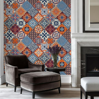 Papel Pintado Talavera Tles Azul Naranja Crema Rojo Burdeos