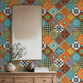 Papel Pintado Talavera Tles Turquesa Verde Naranja Negro Blanco 