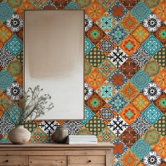 Papel Pintado Talavera Tles Turquoise Teal Orange Black White 