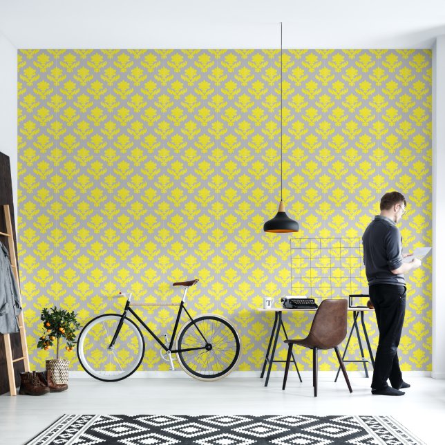 Papel Pintado Tapiz Francés Amarillo Brillante Gris Claro Boda (Sala de estar)