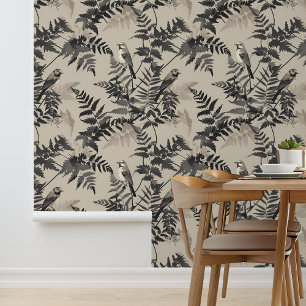 Papel Pintado Taupe Black Ferns and Birds