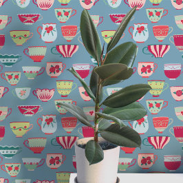 Papel Pintado Tazas de té retro azul verdoso