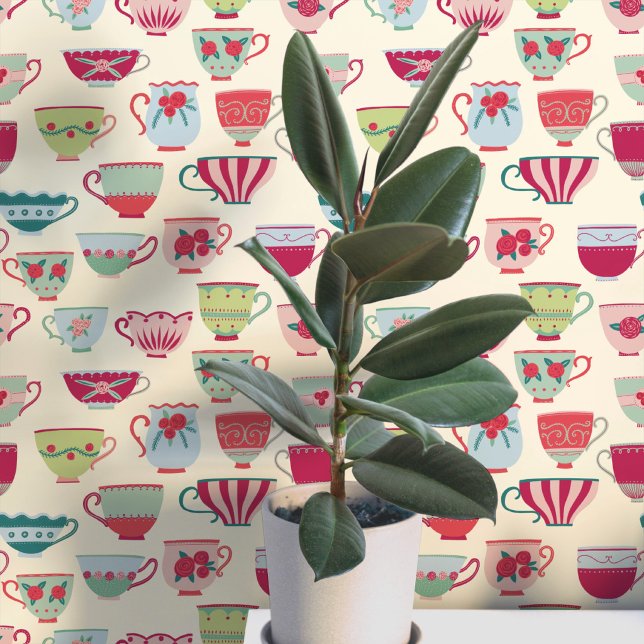 Papel Pintado Tazas de té retro crema (Retro teacup pattern art wallpaper)