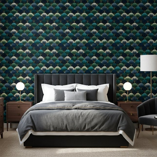 Papel Pintado Teal Navy Gold Art Deco Fan Pattern (Subido por el creador)