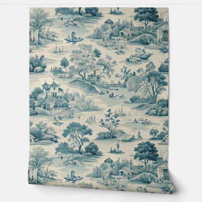 Papel Pintado Teal toile de Jouy design - Pastoral Countryside (Desenrollar)