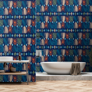 Papel Pintado Tela de barro tribal caribeño: azul festivo, Naran