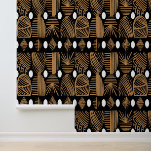 Papel Pintado Tela de barro tribal caribeño: negro, blanco, oro