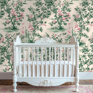 Papel Pintado Tela de tela floral rosa de estilo vintage y palo