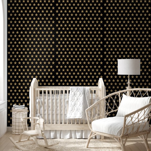 Papel Pintado Tema celeste Oro texturizado estrellas en negro (Niños)