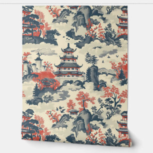 Papel Pintado Templos Chinos Rojo y Azul Árboles Montañas