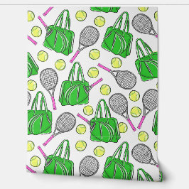 Papel Pintado Tenis de Preppy Racquets rosados Bolas verdes
