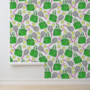 Papel Pintado Tenis de Preppy Racquets rosados Bolas verdes