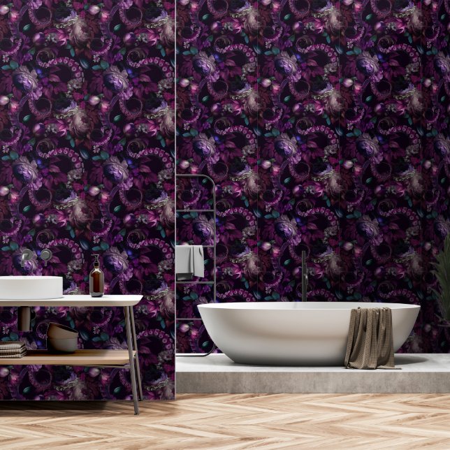 Papel Pintado Tentáculo gótico oscuro rosado con flores (Baño)