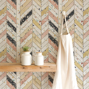 Papel Pintado Terrazo Chevron Espina de Pescado Rosa y Amarillo