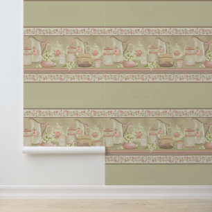 Papel Pintado Tetera de Acuarela Vintage Azucarera Verde Cocina