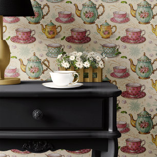 Papel Pintado Tetera y taza de té de fiesta de té vintage