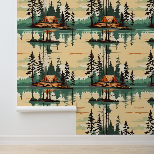 Papel Pintado Tiendas de campaña en medio del camping Pine Trees (Solicitud)