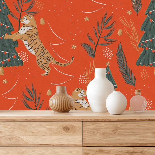 Papel Pintado Tigre navideño con árbol de Navidad (Subido por el creador)