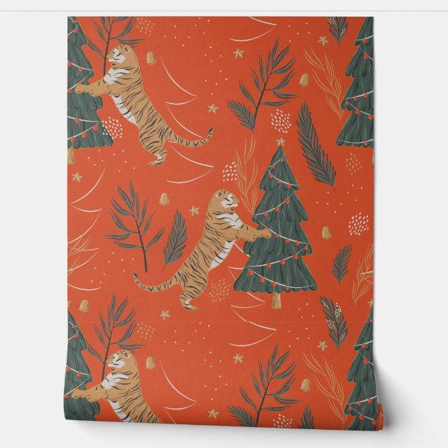 Papel Pintado Tigres festivos y árboles de Navidad (Desenrollar)