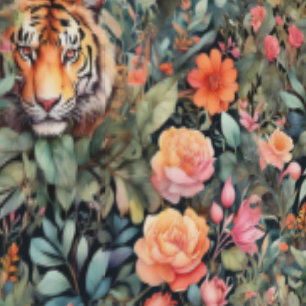 Papel Pintado Tigres vibrantes, flores y follaje