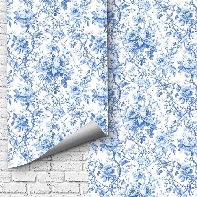 Papel Pintado Timeless Blue French Toile Roses Floral Wallpaper  (Timeless Blue French Toile Roses Floral Wallpaper Design)