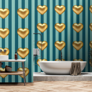 Papel Pintado Tiras azules verde azuladas de corazón de 3d dorad