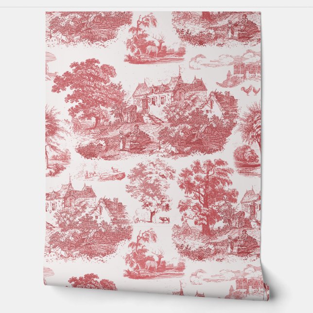 Papel Pintado Toile Chateau Francés clásico rojo (Desenrollar)