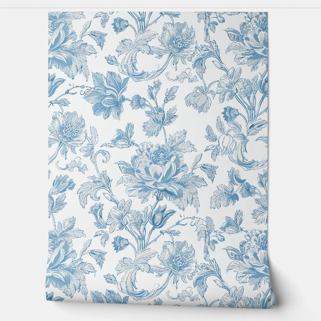 Papel Pintado Toile-de-jouy Chinoiseries Blue Floral Pattern (Desenrollar)