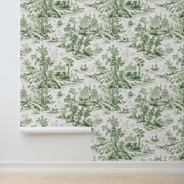 Papel Pintado Toile De Jouy De Estilo Francés Verde (Solicitud)