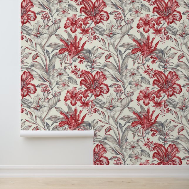 Papel Pintado Toile de Jouy Deep Red y Suave Flora Gris (Solicitud)