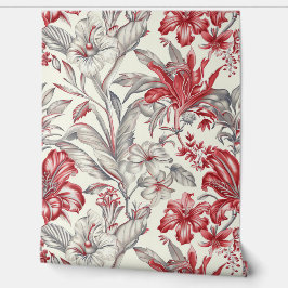 Papel Pintado Toile de Jouy Deep Red y Suave Flora Gris