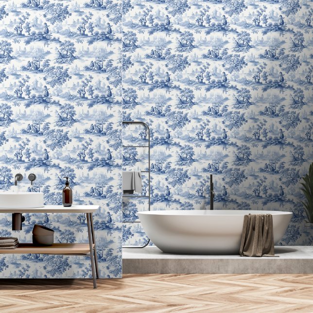 Papel Pintado Toile du Jouy Blue Faux French  (Baño)