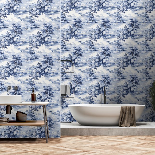 Papel Pintado Toile du Jouy Blue Faux French  (Baño)