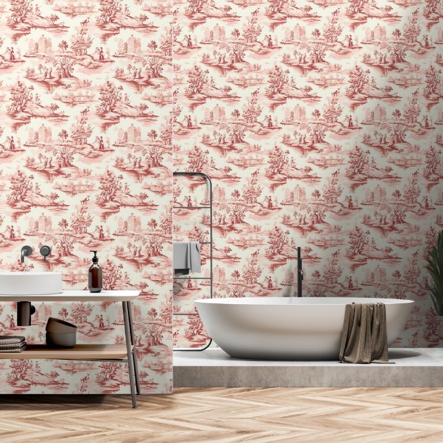 Papel Pintado Toile du Jouy Red Faux French  (Baño)