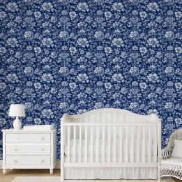 Papel Pintado Toile Francés Floral Índigo Azul Tradición Vintage