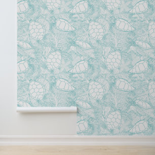 Papel Pintado Tortugas acuarela sobre olas azul espuma de mar co