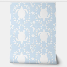 Papel Pintado Tortugas Marinas Costeras Blancas y Azul Claro