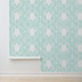Papel Pintado Tortugas Marinas Costeras en Blanco y Verde Menta