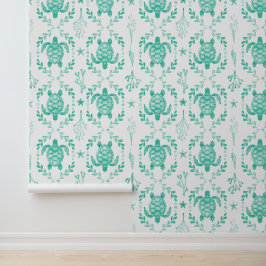 Papel Pintado Tortugas Marinas y Coral en Verde Menta Acuarela