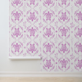 Papel Pintado Tortugas Marinas y Coral Preppy Costero en Rosa Cl