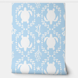 Papel Pintado Tortugas marinas y estrellas de mar blancas y azul