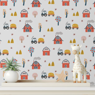 Papel Pintado Tractor Cuteño de Granja Granero Rojo para Niños P
