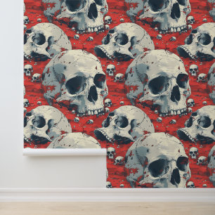 Papel Pintado Tradicional Rojo Negro Gótico Skulls Halloween