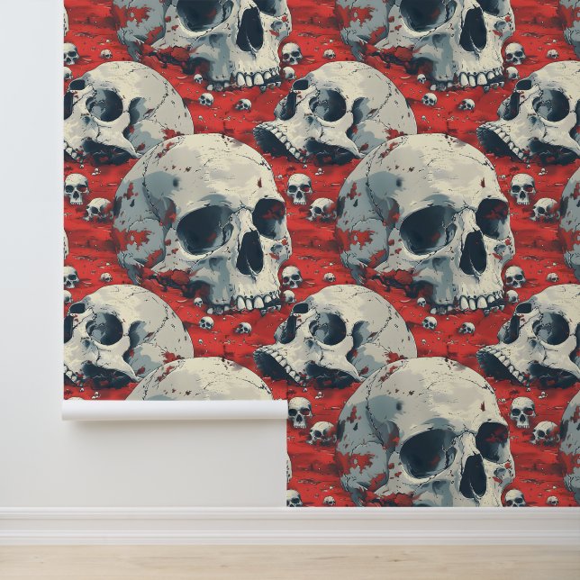 Papel Pintado Tradicional Rojo Negro Gótico Skulls Halloween (Solicitud)