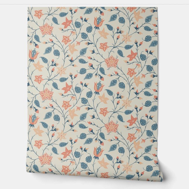 Papel Pintado Trailing Floral - Paisley - Peach And Dusty Blue (Desenrollar)