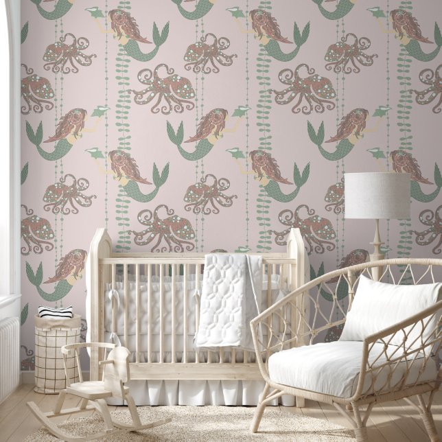 Papel Pintado Trama de sirena rosa y verde extraíble (Niños)